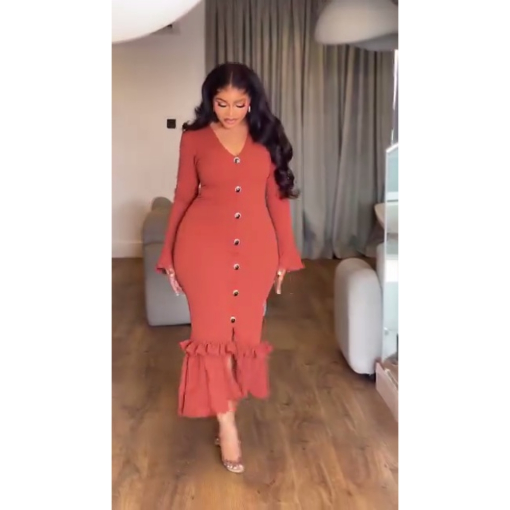 Long Sleeve Button-Down Dress in Rust Orange